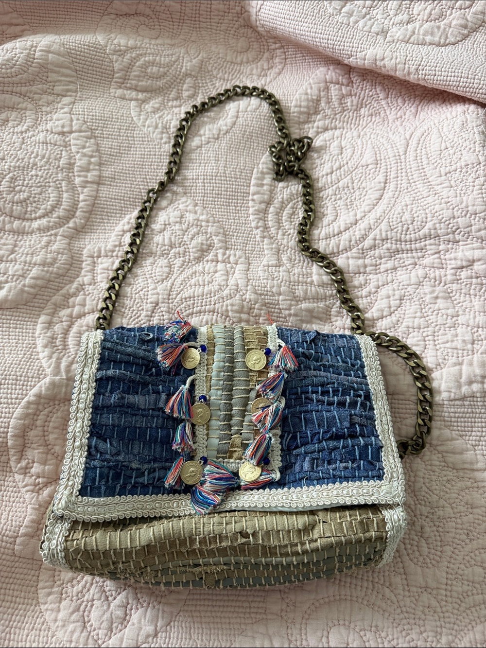 Woven Blue & Tan Crossbody Bag with Tassel Accents